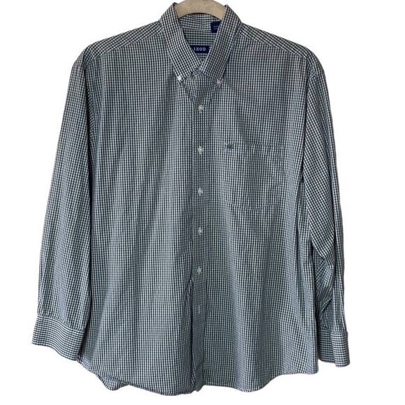 IZOD Mens Casual Button Down Shirt Long Sleeve Checkered Green White Logo XL - Picture 1 of 11